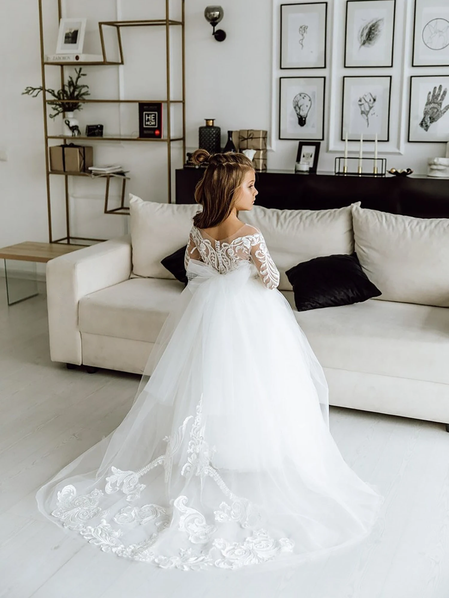 BABYONLINE Holy White CVommunion Dress Long Sleeve Lace and Floral on Bodice Top Sequins Tulle-Skirt Flowy A-line Gormal Gown