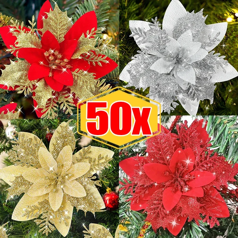 50/5PCS Artificial Glitter Christmas Flowers with Clips for Xmas Tree Ornament Fake Flower Floral New Year Party Home Decoration