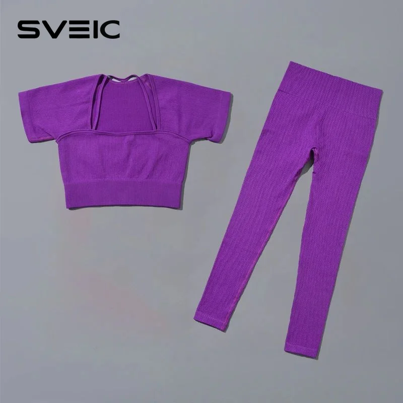 Fitness Żebrowany Sportowy Zestaw do Jogi Kobiety Bezszwowa Odzież Sportowa Wysoka Talia Dres Treningowy Dwa Zestawy Crop Tops Legginsy Strój Gimnastyczny