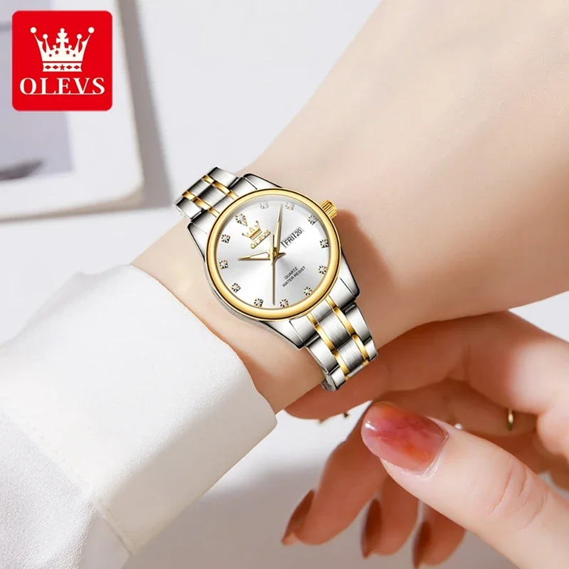 Olevs 3612 elegant quartz ladies watch week calendar display dress watch women waterproof stainless steel clock