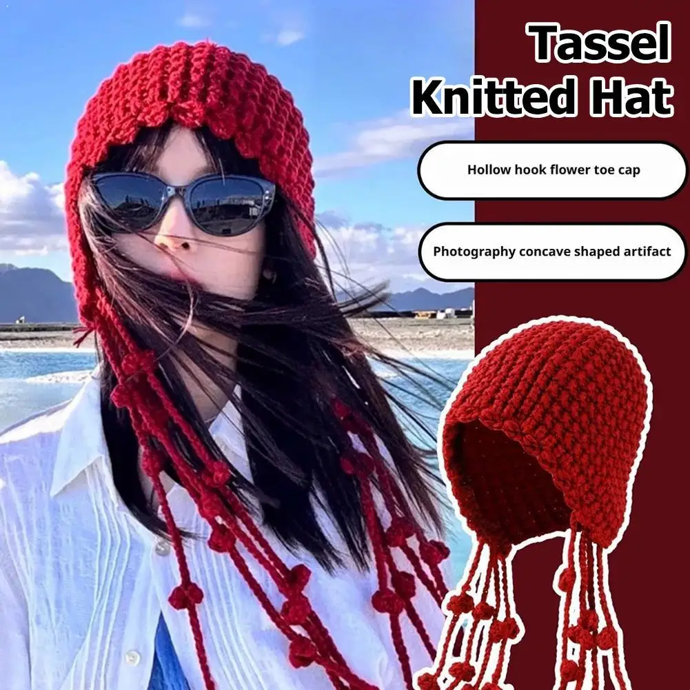 

Осенне-зимняя теплая шерстяная шапка, полая сумка ручной работы, женская вязаная шапка с бахромой и защитой ушей в этническом стиле