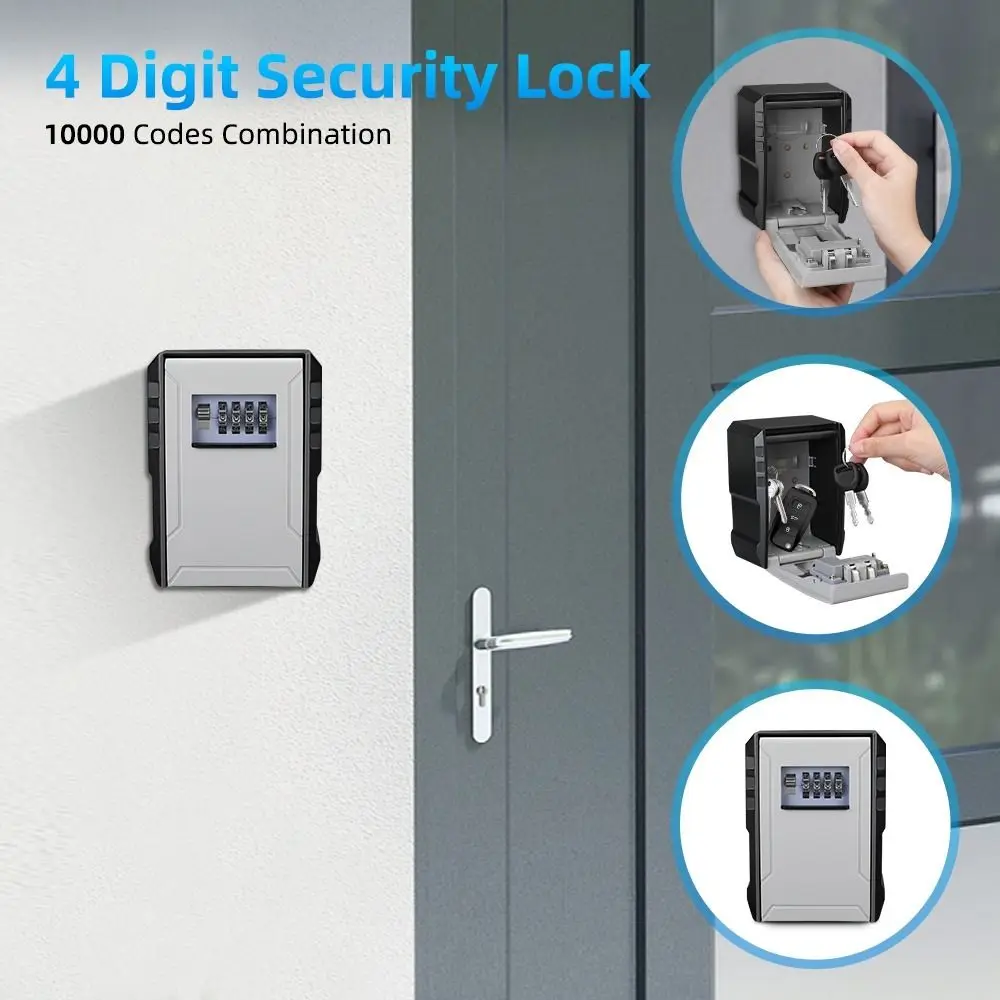 

Alloy Key Lock Box Weatherproof Wall Mount Combination Key Storage Box Resettable 4 Digit Anti-Theft Lock Key Safe Box