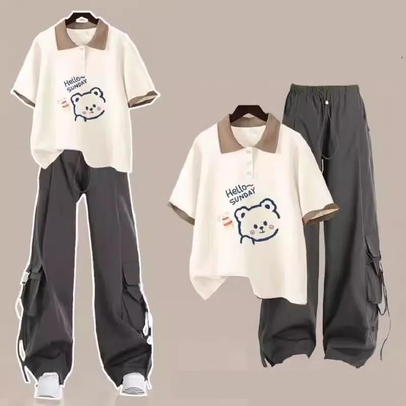 T-shirt à manches courtes et pantalon cargo taille haute pour fille, ensemble assressentisportif, décontracté et mignon, style coréen, deux pièces, été, nouveau