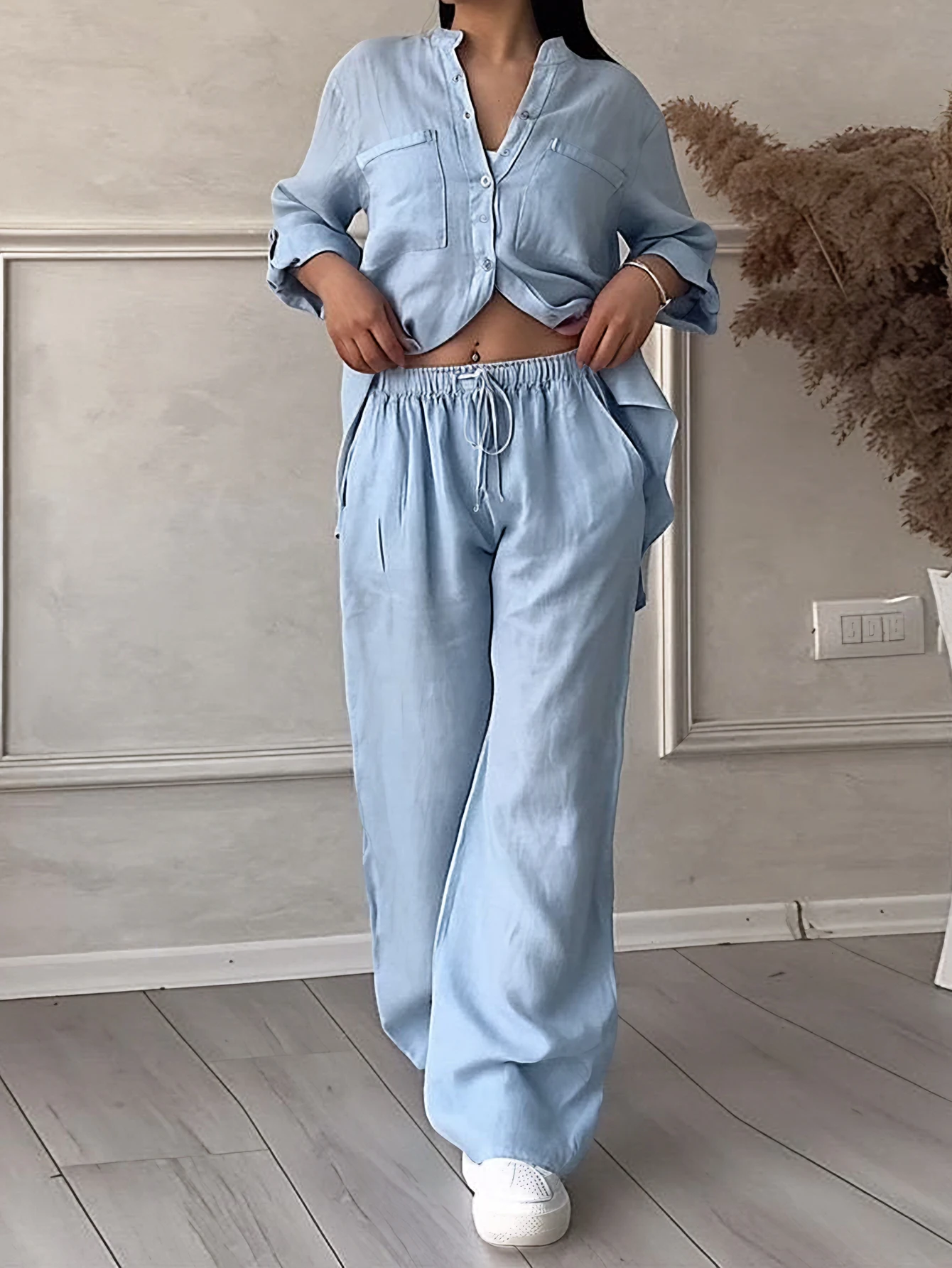 レディースカジュアル長袖ボタンフロントスタンドカラーレースアップパンツセットベーシックプレーンデイリーアウトフィット秋冬用