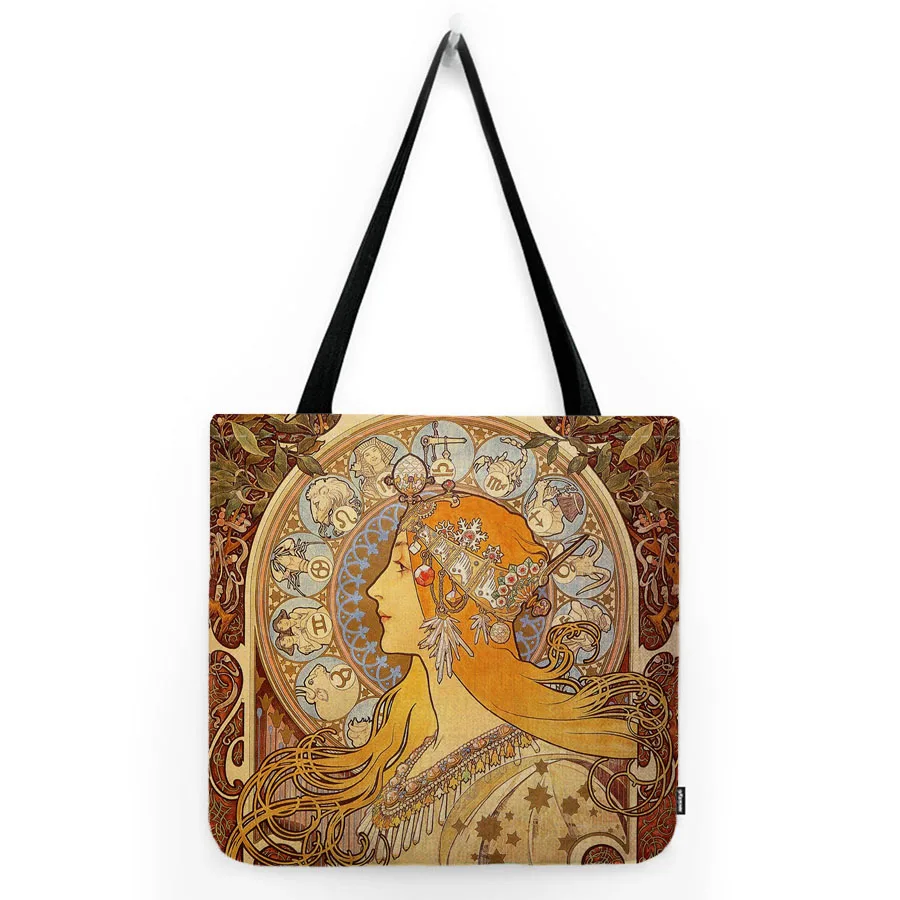 Nouveau Art Alphonse Mucha Princess Duchess Beautiful Woman Oil Painting Art Water Resistant Linen Shopping Bag Tote Bag HandBag