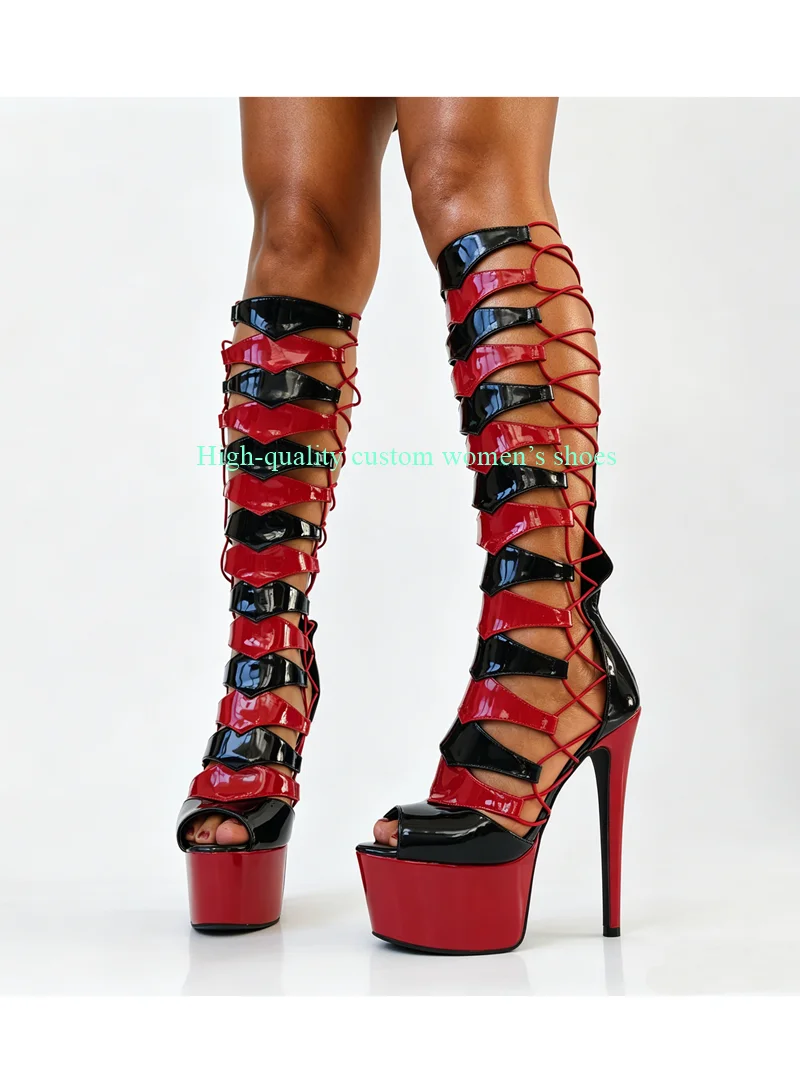 

Extra High Waterproof Platform Pointed Toe Stilettos Sandals Cross Straps Hollow Summer Over-The-Knee Boots Women's Shoes