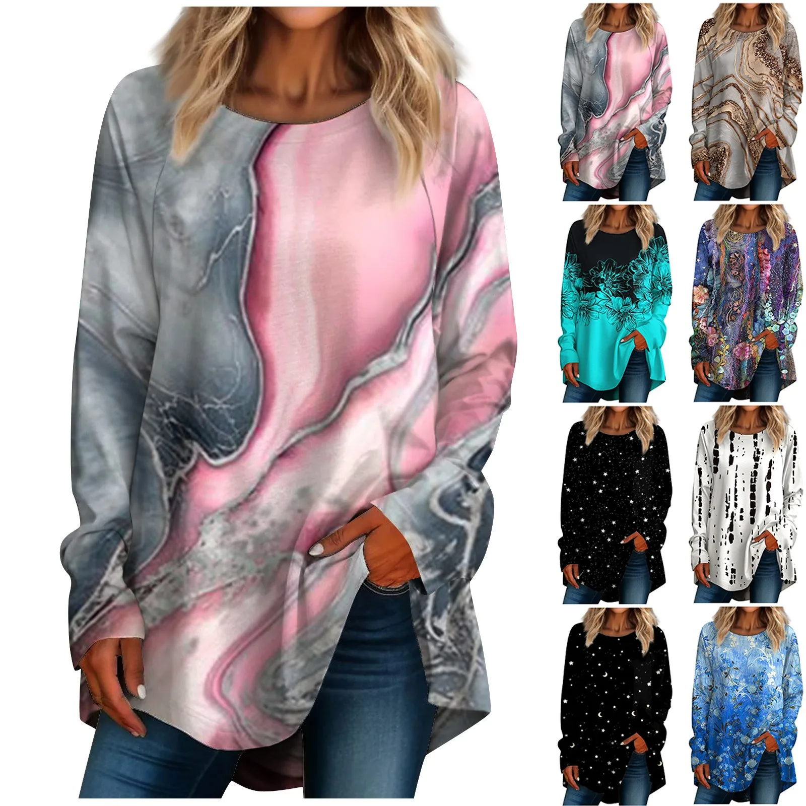 

Women's Tops Trendy Long Sleeve Loose Blouse Round Neck Pullover Casual T Shirts Floral Printing Fall Sweatshirt