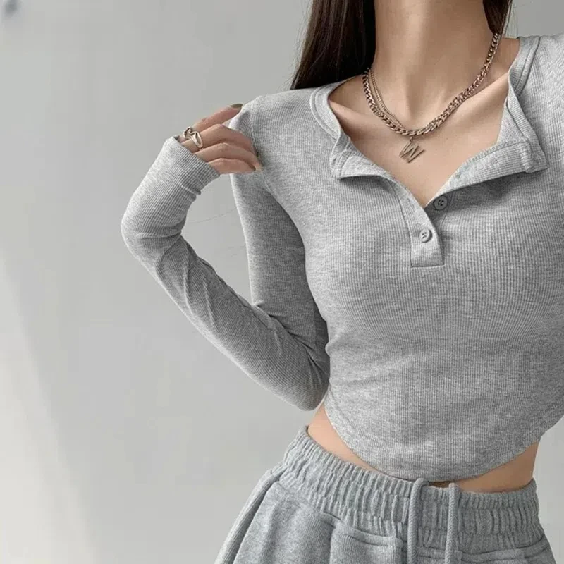 Sexy T-shirts Women Slim Y2k Trendy Tops Autumn Crop Popular Korean Style Button Long Sleeve Cute Camisetas Leisure Girlish BF