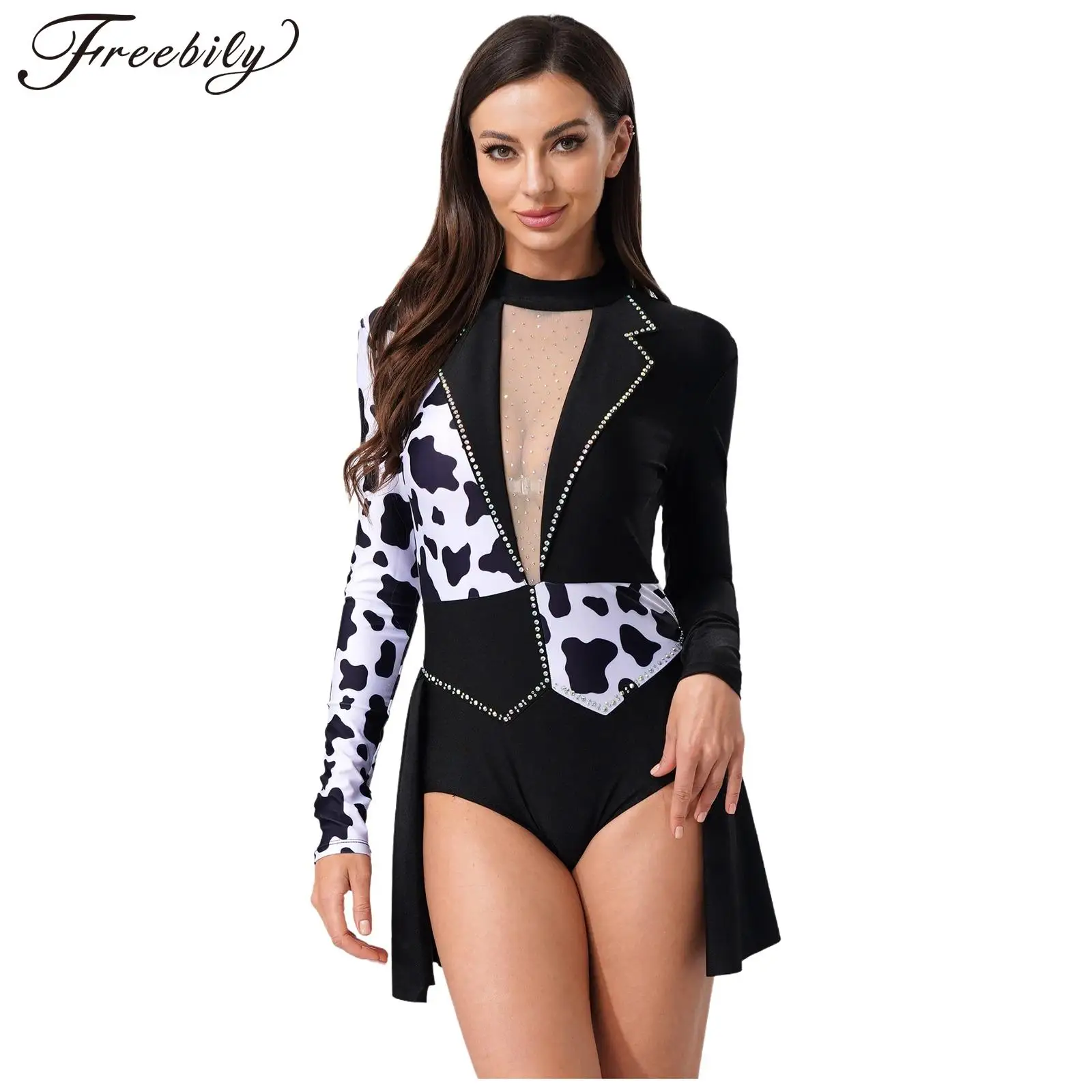 

Women Halloween Devil Witch Evil Clown Dalmatian Cosplay Costume Shiny Mesh Spotty Contrast Leotard Dress for Masquerade Party