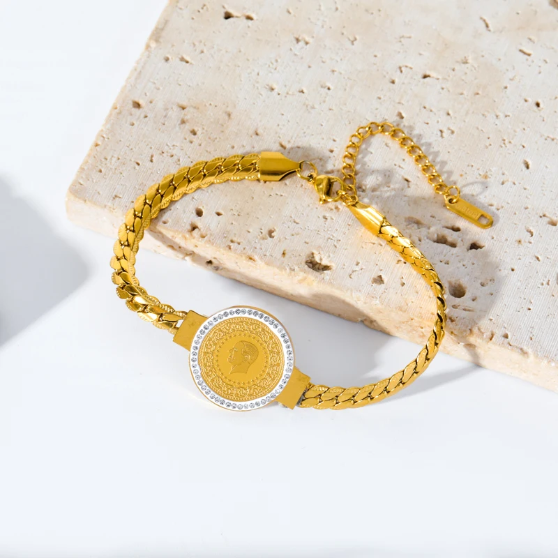 EILIECK 316L Edelstahl Münzporträt Zirkonia Halskette Armband Ohrringe für Frauen Mädchen Trendiger Wasserdichter Schmuckset Geschenk – Detail 19