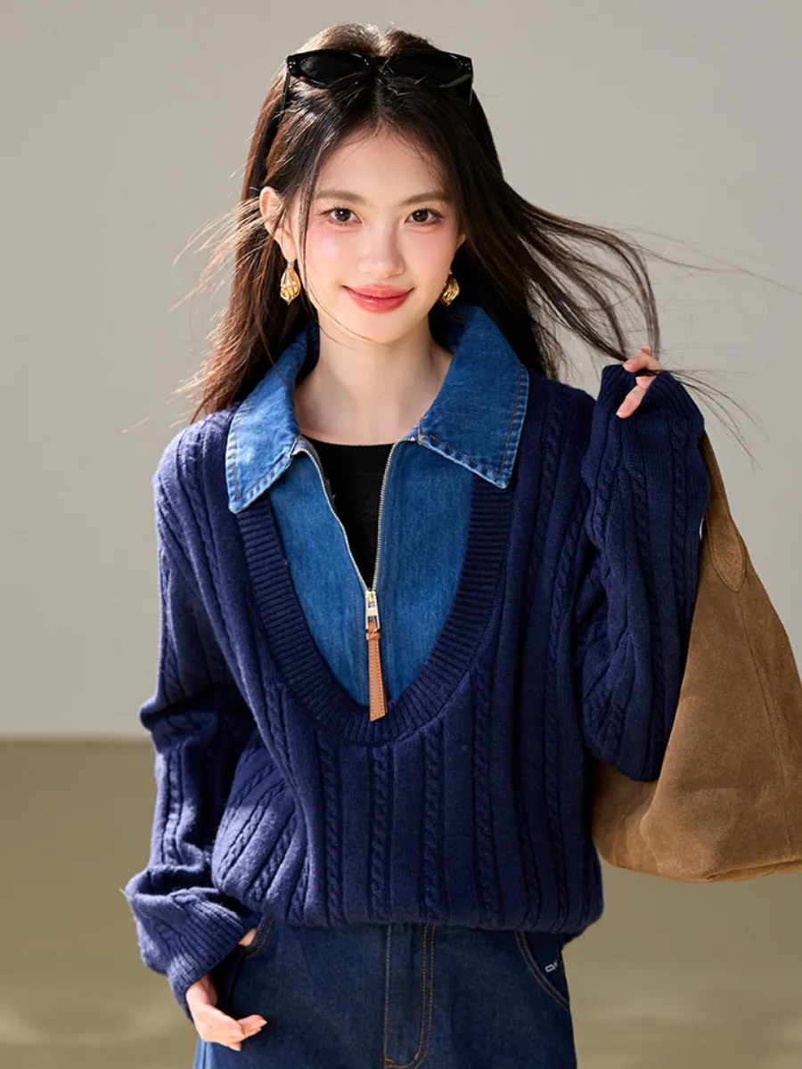 Casual Loose Women's Knitted Sweater Denim Patchwork Autumn Winter Fashion Half Zipper Very Attractive Comfortable Long Sleeve