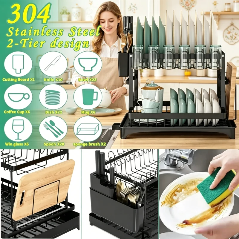 

Металлическая 2-ярусная сушилка для посуды, подставка-сушилка для кухонной столешницы с поддоном для сбора воды для кухни и домашнего хранения