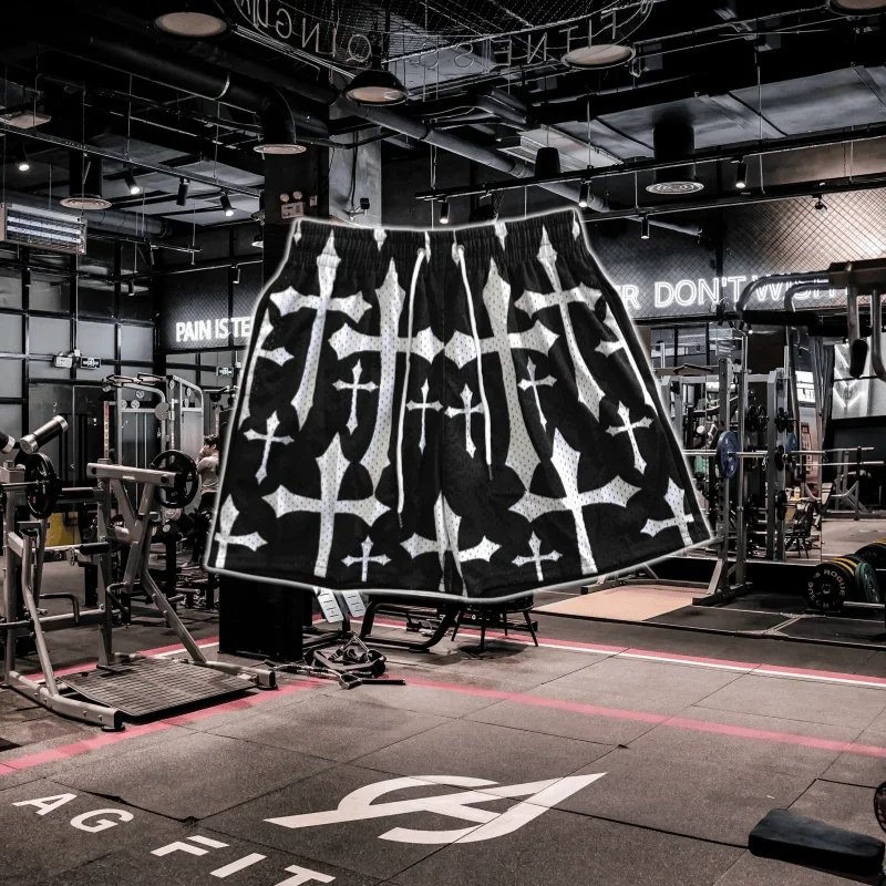 

2025 Лидер продаж, новые мужские быстросохнущие спортивные шорты, баскетбольные шорты с перекрестным принтом, удобные повседневные спортивные уличные шорты Y2K