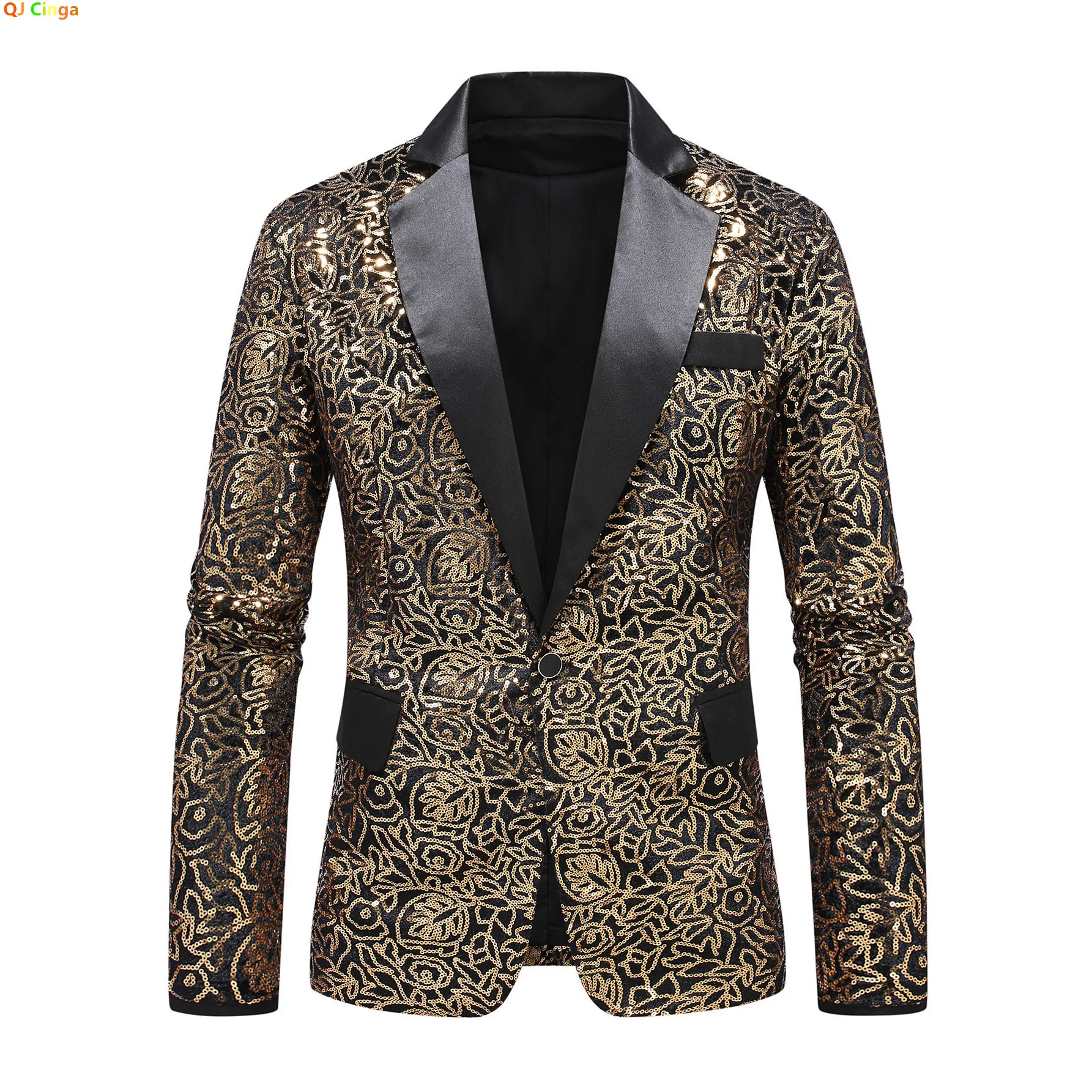 2026 Men's Black Long-Sleeve Blazer, Jacket with Gold Round Sequins, Top for Weddings, Parties, and Performances.
