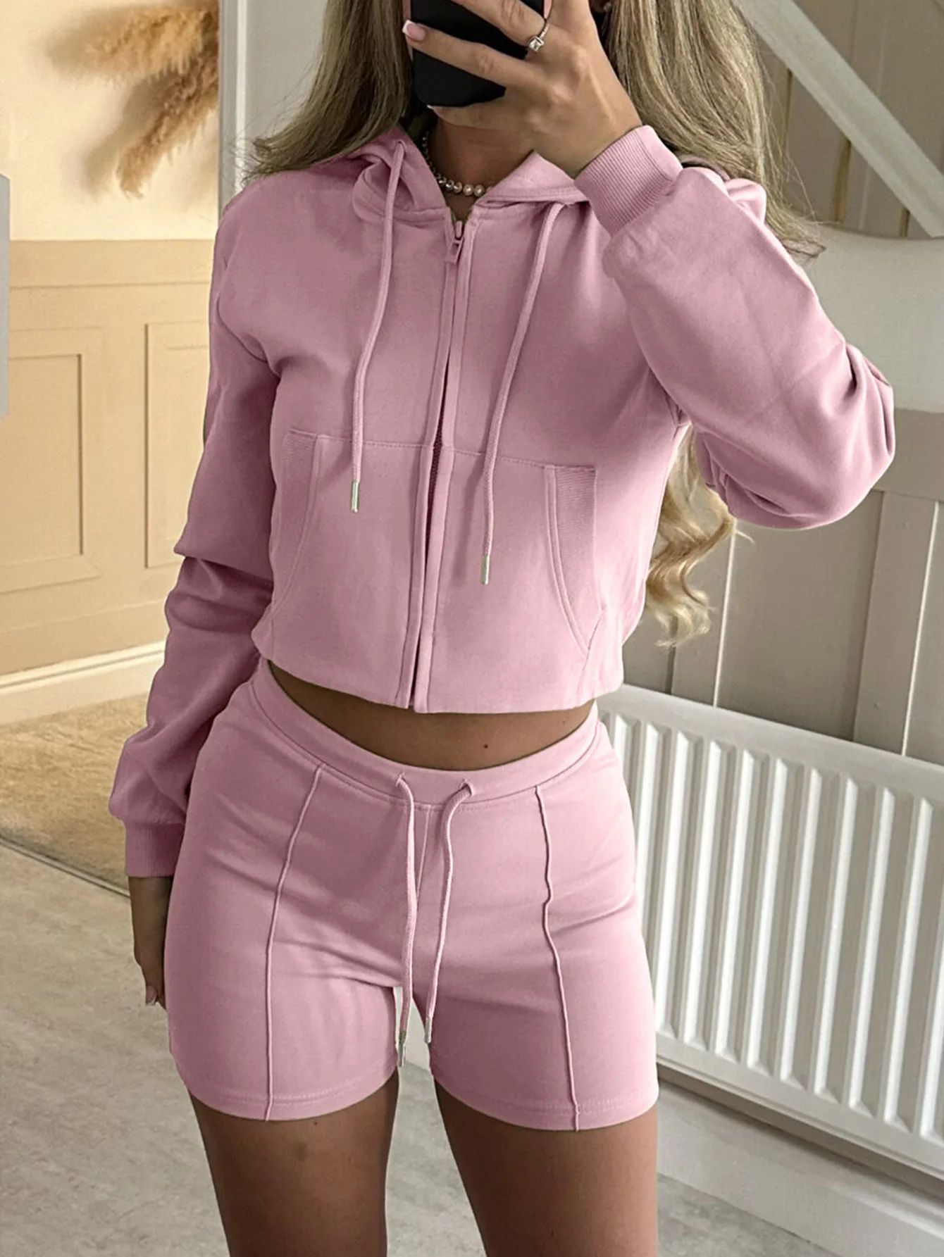 

Новые осенне-зимние модные повседневные однотонные облегающие толстовки с длинными рукавами и карманами на молнии + комплект шорт на шнурке, 4 цвета