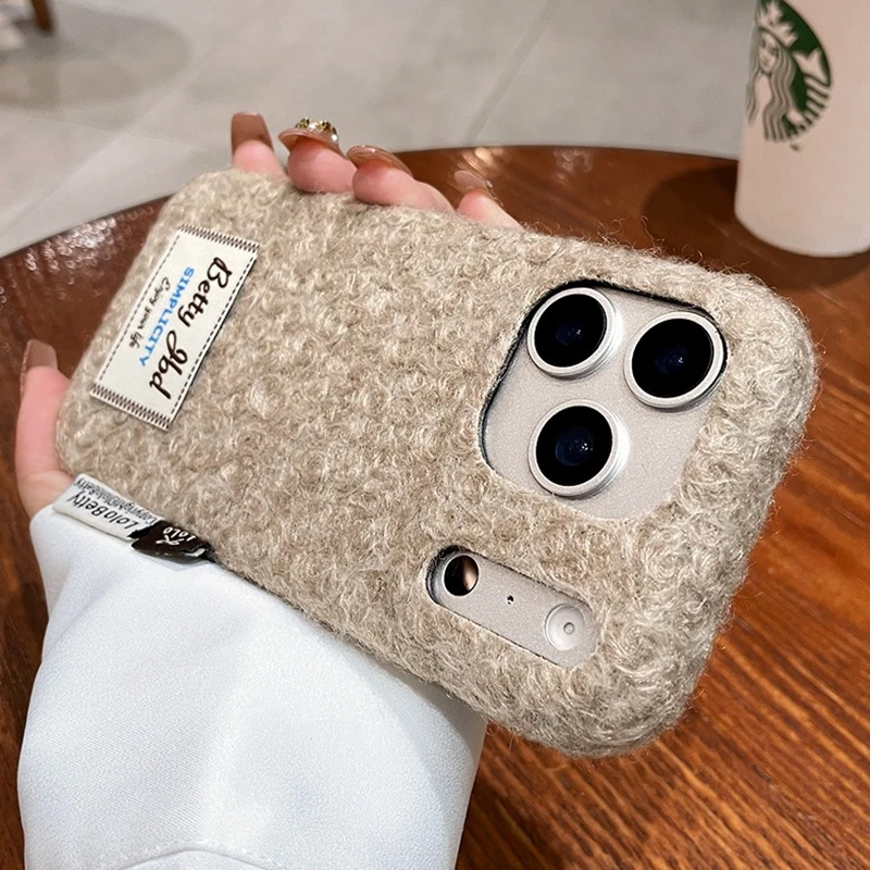 Winter Warm Cute Sweet Plush Knit Phone Case For iPhone 17 16 15 14 13 Pro Max Label Retro Art Flannel Lovely Girls Cover Gift - náhled 6