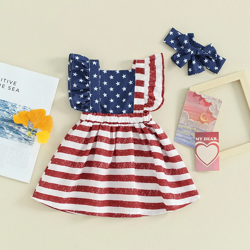 

2024-03-04 Lioraitiin 0-2Y Baby Girls Independence Day Dress Flying Sleeve Stars Stripe Print Dress with Headband