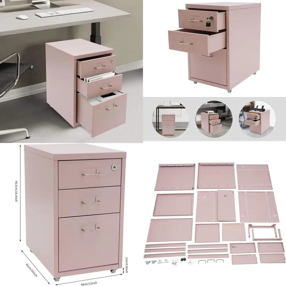 

Розовый металлический мобильный шкаф для документов с 3 ящиками и замком, для хранения канцелярских принадлежностей под столом
