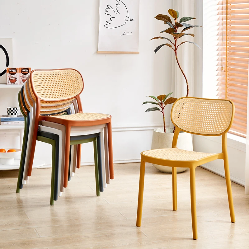 

Nordic rattan plastic chair household dining chair backrest stool simple modern stackable casual negotiation desk chair