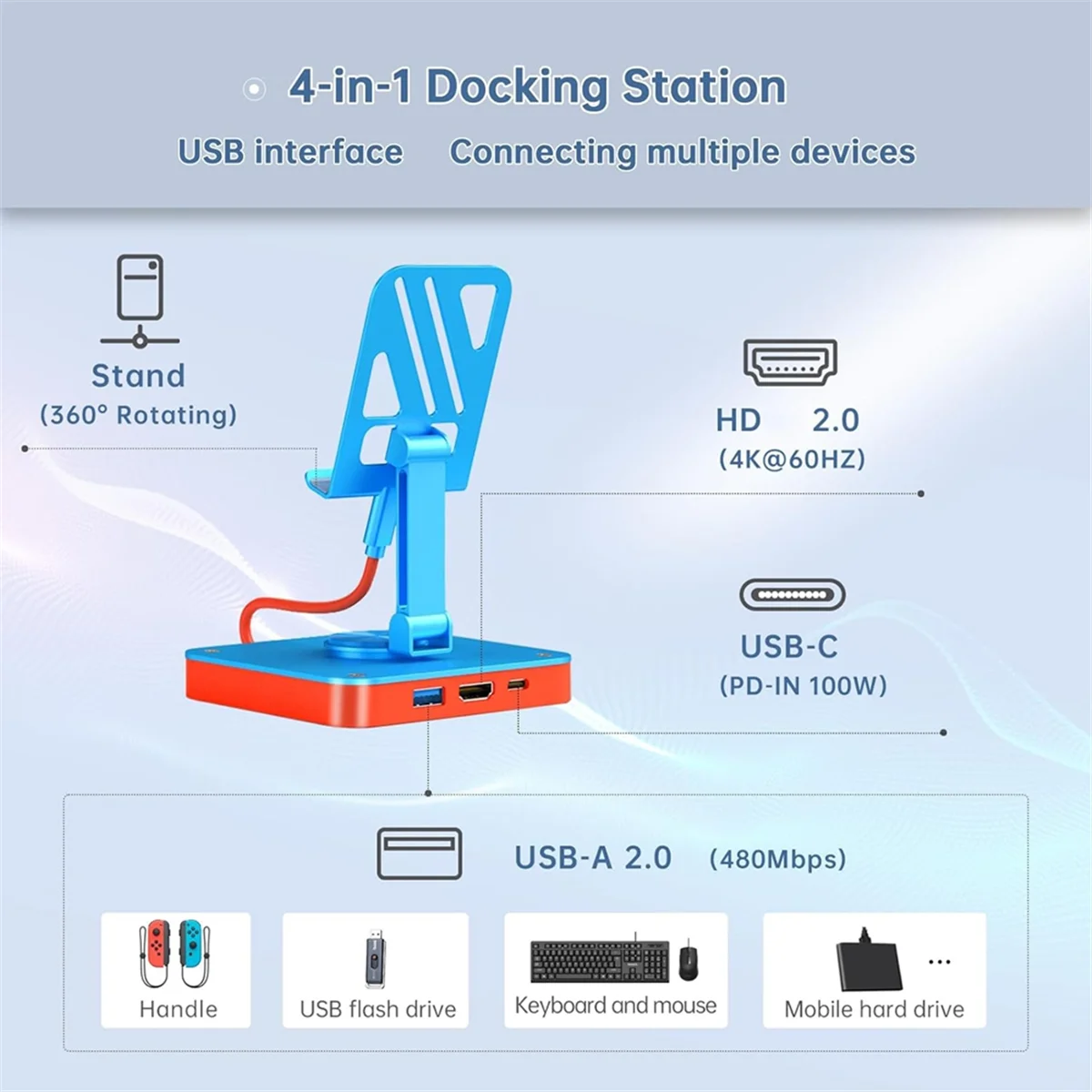 

AT59 3 in 1 Adjustable Stand USB-C Hub USB 2.0 PD 100W Charging Ports Folding Rotating Docking Station for Switch OLED