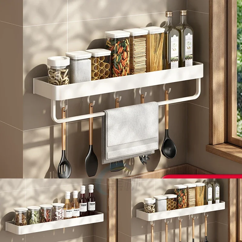 

White Kitchen Rack Organizer Wall-Mounted Household Knife Holder Condiment Chopping Board Cutting Board Storage Seasoning Shelf