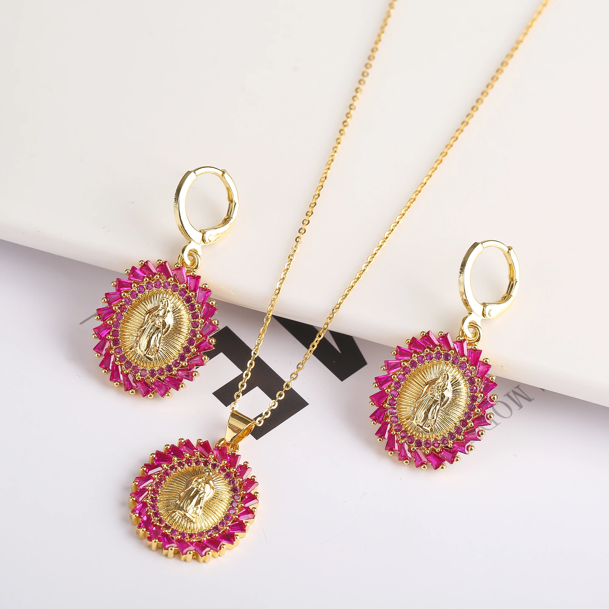 Zircon Colored Diamond Hot Selling High Quality 2PC Religious Buddhist Pendant Necklace Earrings Jewelry Set Women\'s Gold Plated