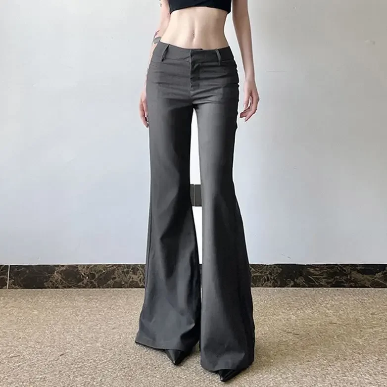 Women Casual Vintage Solid Color Leisure Suit Pants Micro-pants Low Waist Slim and Slim Hot Girl Flared Pants