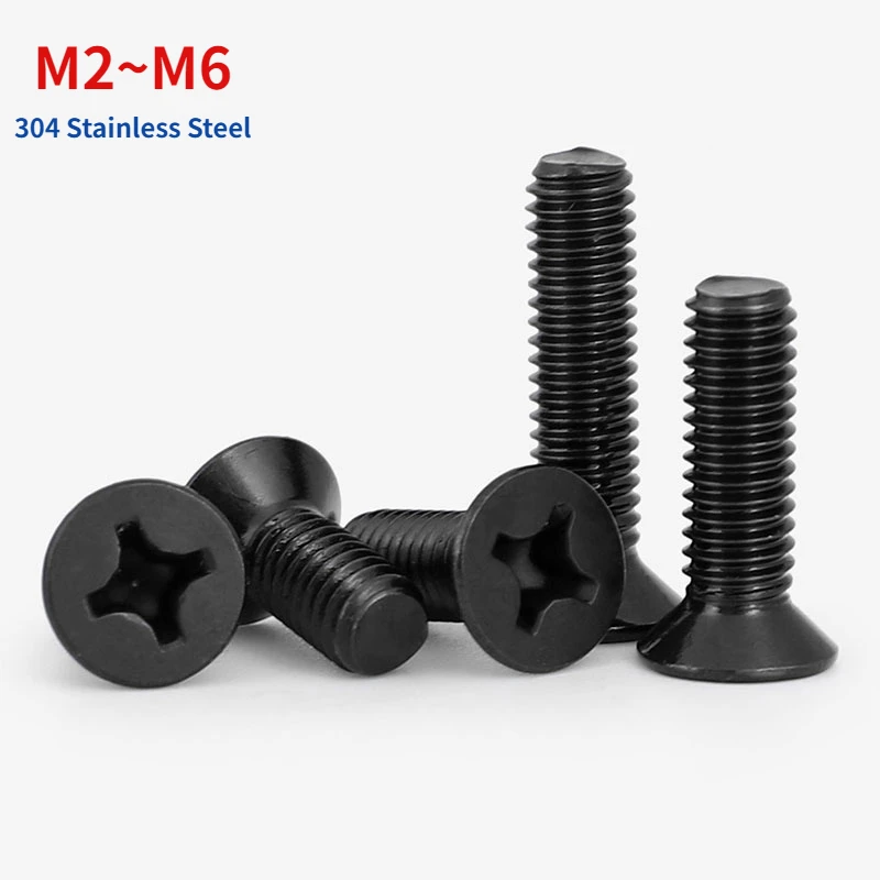 304 Stainless Steel Cross Recessed Phillips Flat Countersunk Head Screw Bolt Thread Length 3-50mm M2 M2.5 M3 M4 M5 M6 Black