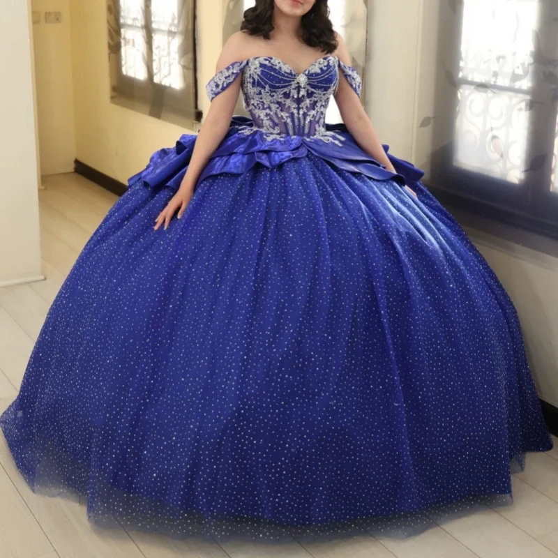 

Dark Blue Quinceanera Dresses Off the Shoulder Crystal Decal Glitter Layering Long tail Bow Vestidoe 15 Quinceanera Customize
