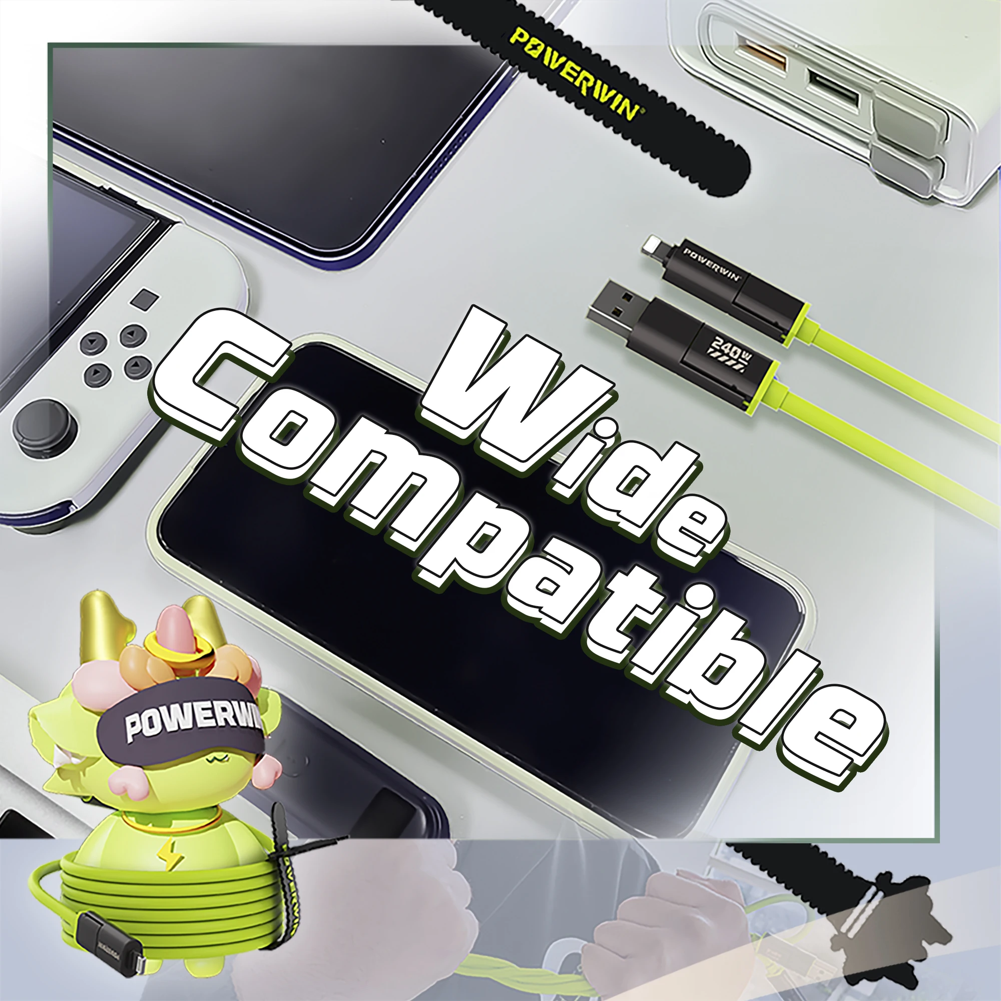 POWERWIN PWC240 240W 4 en 1 Cable de datos de carga rápida Cable tipo C Línea de cable de carga rápida multipuerto