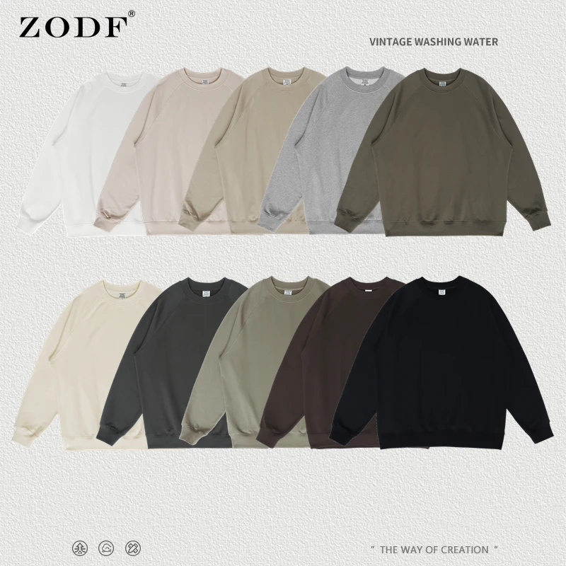 ZODF New 2023 Autumn Men\'s Solid Sweatshirts Unisex Loose Soft Off-Shoulder 400gsm O-Neck Pullovers Brand Streetwears HY0388