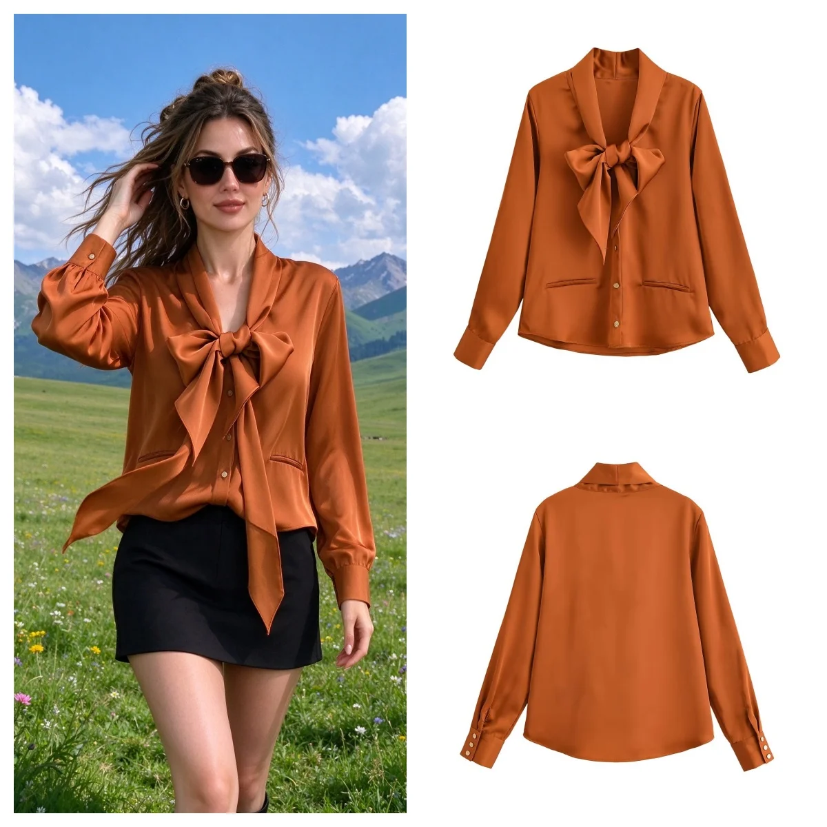 Guobioziy 2026 Autumn Women's Shirt  Bow Tie Collar Satin Sleek and Delicate Everyday Commuter Retro Elegant Intelligent Fashion