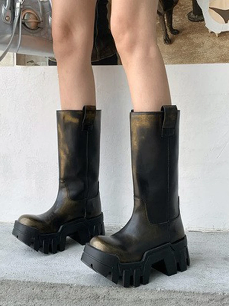 Round Toe Platform Gear Sole Long Boots Slip-On Rubber Sewing Solid Heighten Increase Cool Girl Punk All Season Shoes