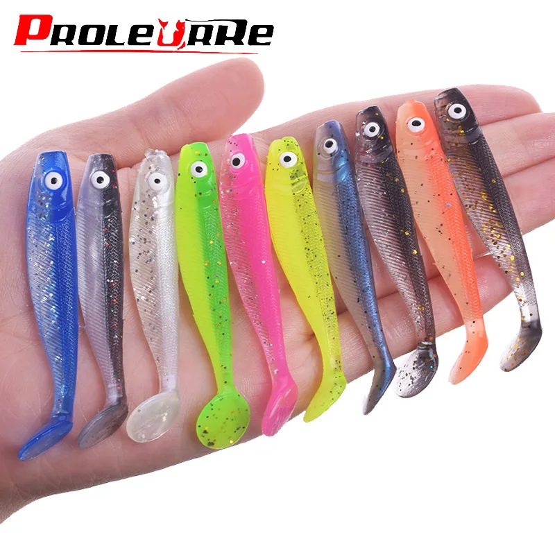 Siliconen kunstaas met 3D ogen, tweekleurig zacht kunstaas, wobblers, swimbaits met T-staarten, visaas voor karper, forel, zeebaars, 10 stuks in een set