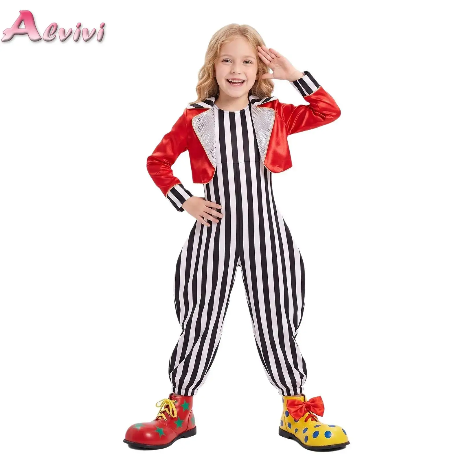 Kids Girls Boys Circus Ringmaster Clown Outfit Sleeveless Striped Jumpsuit with Sequin Dots Long Sleeve Satin Jacket for Stage