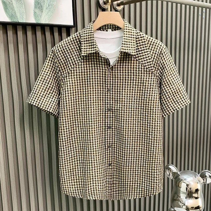 

Men's Summer Plaid Short Sleeve Shirt Casual Loose Fit Textured Button Down Tops Lightweight Breathable Blouse