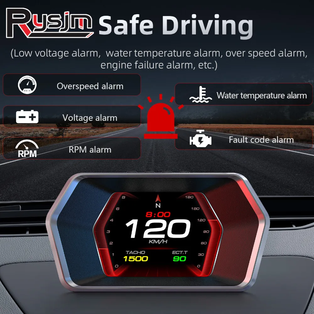 P17 HUD OBD Gauge OBD2 GPS Dual System On-board Computer Digital Speedometer Water&Oil Temp Meter With Alarm Auto Electronics