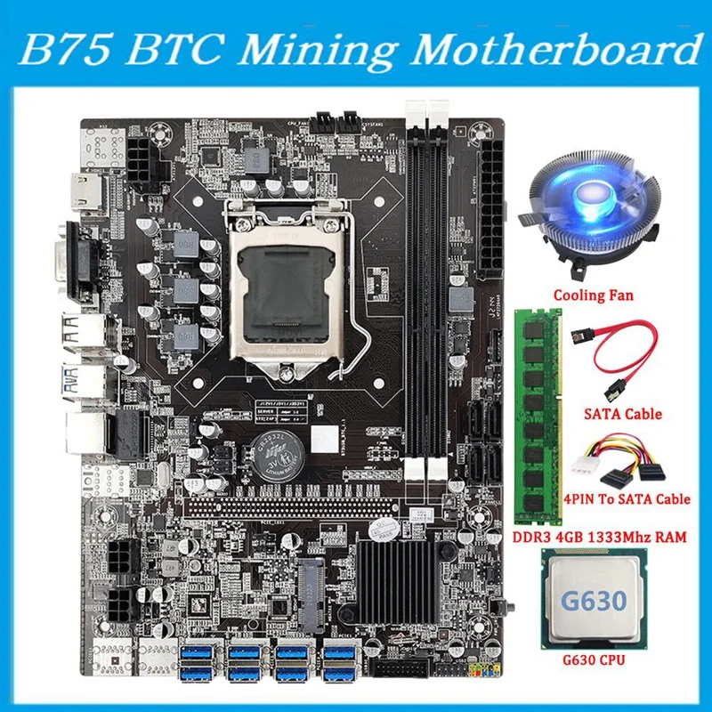 Go! HOT-B75 BTC Mining Motherboard+SATA Cable+DDR3 4GB 1333Mhz RAM LGA1155 8XPCIE USB Adapter B75 USB BTC Miner Motherboard