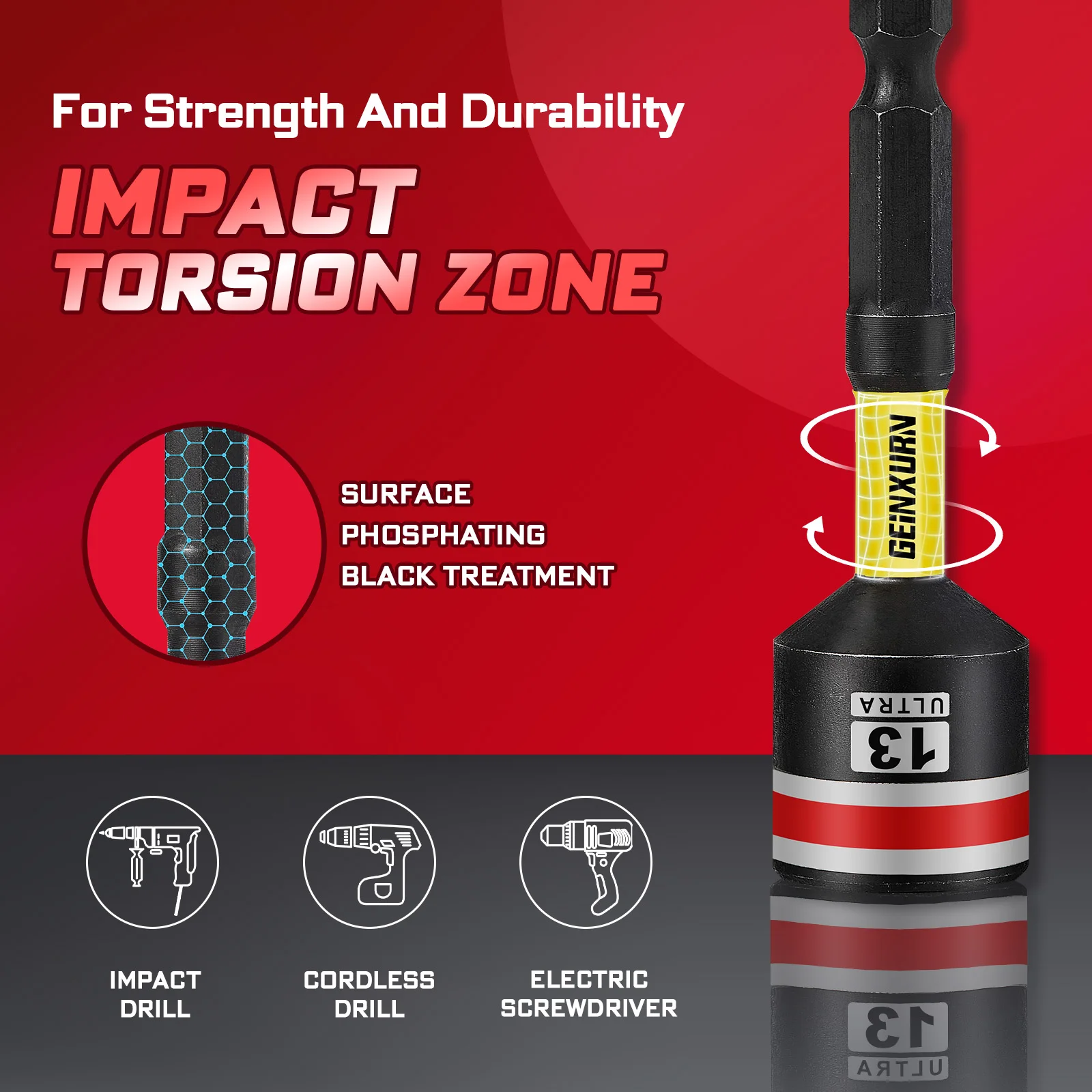 Geinxurn 2.6“/6" Nut Driver Set, Color Coded Strong Magnetic S2 Steel 1/4 Hex Shank Socket Bits Fit Drill Screwdriver For Repair - view 3