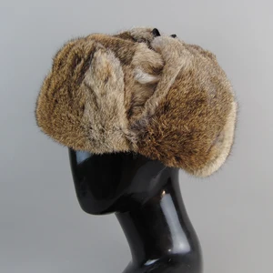 Capa de pele de coelho homem inverno genuíno 100% pele bombardeiro chapéu à prova de vento quente earmuffs masculino plana cinza/preto russo chapéu cabido casquette 10 principais vendas touca cinza masculina - №7