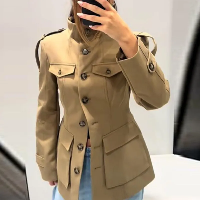 

Vintage 2025 Autumn Lady Commute Outwear Womens Khaki Stand Collar Jackets Slim Waist Single Breasted Pockets Long Sleeve Coats