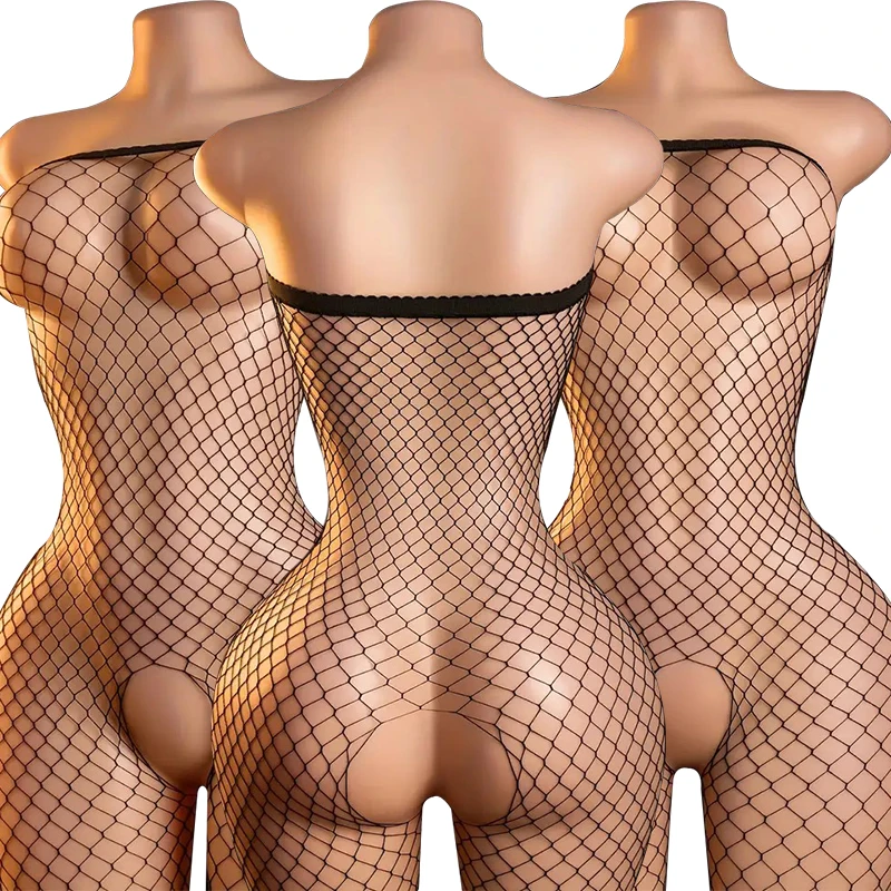 Off Shoulder Open Crotch Underwear Set Black Fishnet Hollow Bodystockings Sexy Crotchless Lingerie Women Erotic Teddy Bra Sets