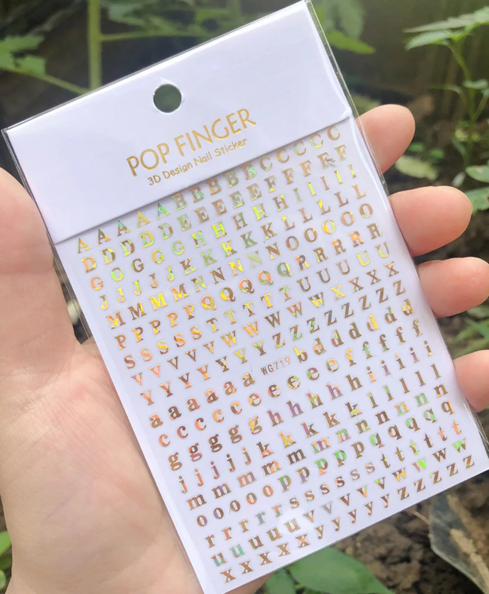 Etiqueta do alfabeto Inglês para a arte do prego, decalques 3d, auto-adesivo, ouro/prata/laser, letra vermelha, 1 parte