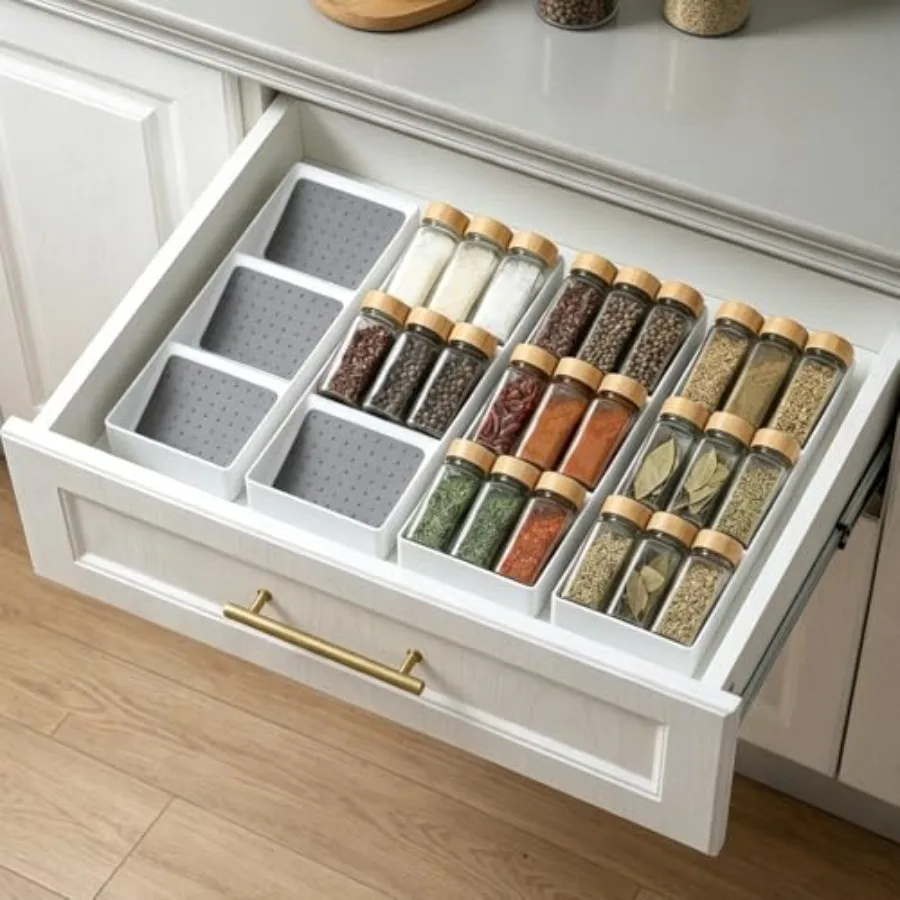 

Spice Drawer Organizer,,3 Tier Non-Slip Silicone Seasoning Jar Drawer Insert, Spice Rack Organization for Drawer, Kitchen Spice