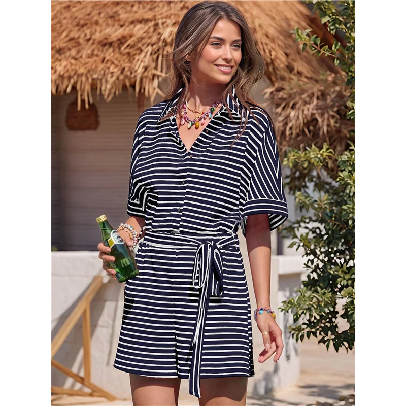 A09P 여성 여름 캐주얼 스트라이프 롬퍼 반팔 버튼다운 벨티드 밴딩 허리 숏 점프수트