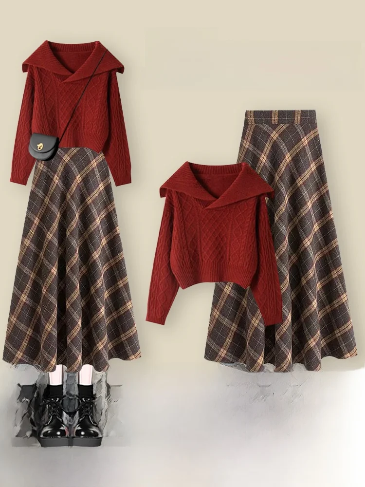 

Red High Waist Plaid Skirt And Sweater Two-Piece Set for Women Winter Fashion College Style Casual Wear Universal Fit