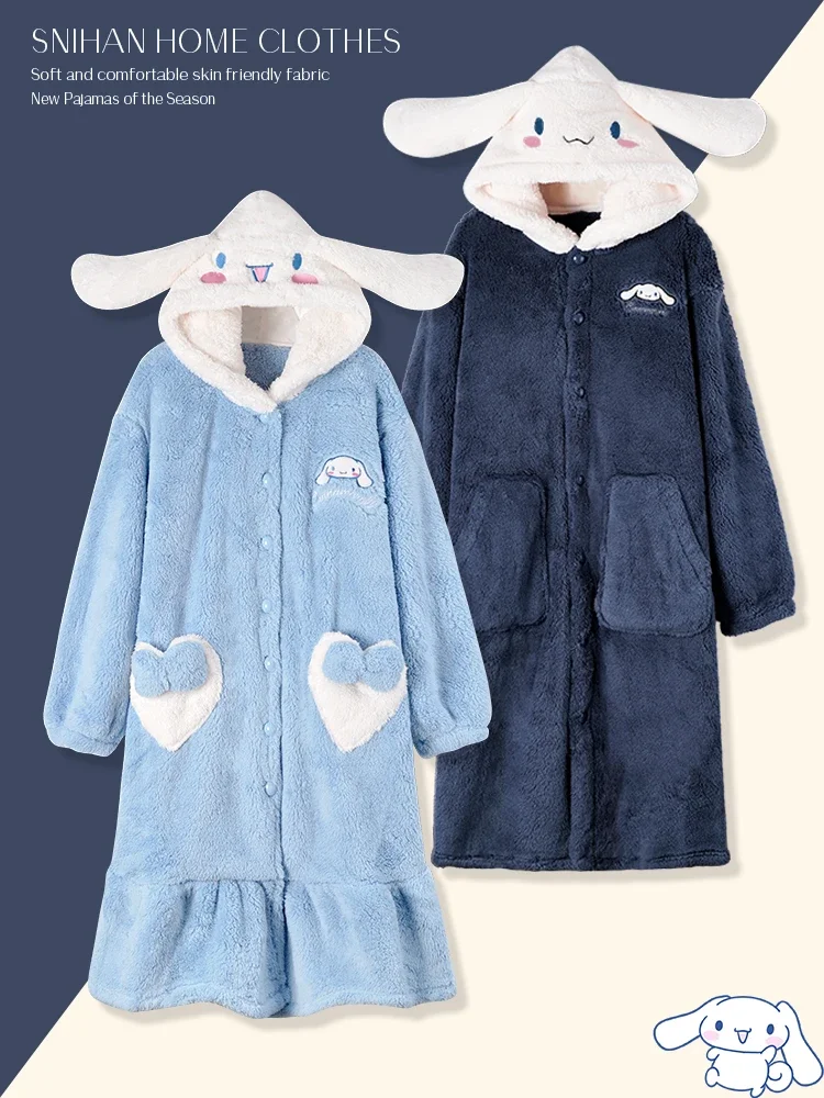 Cinnamoroll-Pyjama d'hiver Kawaii pour couple, chemise de nuit épaissie, vêtements pour étudiants, anime imbibé, plus velours, sites, sourire, femme