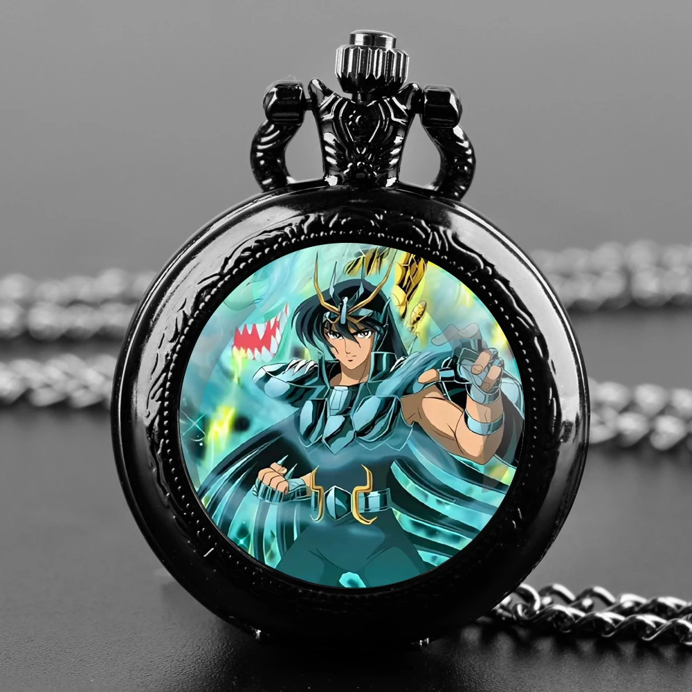 Saint Seiya Design Glass Dome Arabic Numerals Quartz Pocket Watch Necklace Pendant Clock Chain Mens Women Kids Gifts