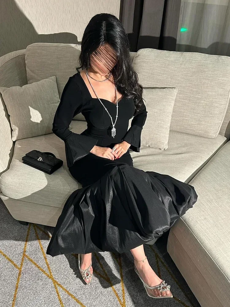 Indie Sexy Mermaid Prom Dress Women Square Neck Black Party Evening Dresses Tea Length customized Special Occasion Gowns 2025