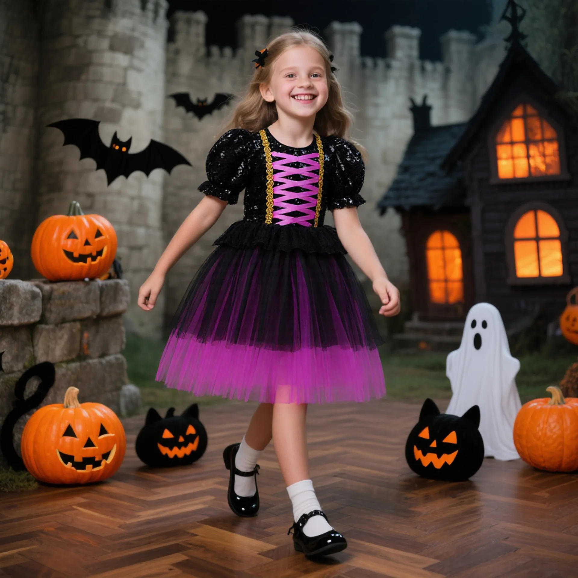 Witch Clothes Cosplay Girl Halloween Costume Girl Princess Dress Kids Fashion Sequin Bowknot Birthday Dress Girls Party Dresses